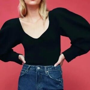 Zara Balloon Sleeve Black Bodysuit Small